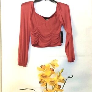 ALMOST FAMOUS SHEER RUCHED PEASANT CROP TOP SIZE LARGE JUNIORS NWT